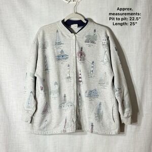 VTG Lighthouse Sweatshirt Cardigan XL Coastal Grandma Nautical Cottage Heritage